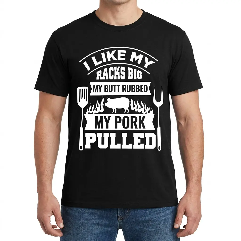 Funny BBQ Smoker 'I Like My Racks Big' T-Shirt 4 Front view of a man wearing a black t-shirt with the humorous BBQ design: "I LIKE MY RACKS BIG MY BUTT RUBBED MY PORK PULLED" and pig graphic.