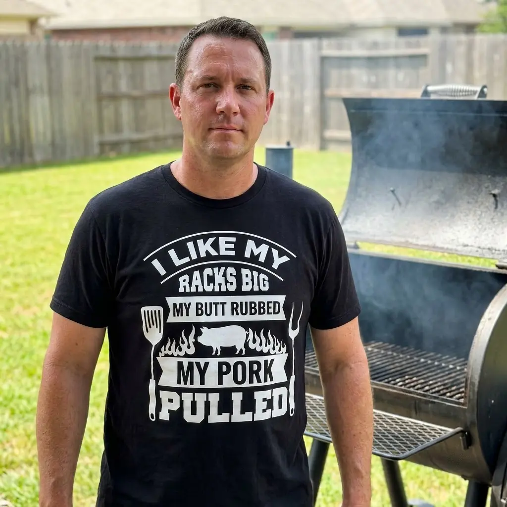 Funny BBQ Smoker 'I Like My Racks Big' T-Shirt 5 A dad at a backyard barbecue wearing a black t-shirt with the funny "I LIKE MY RACKS BIG MY BUTT RUBBED MY PORK PULLED" text.