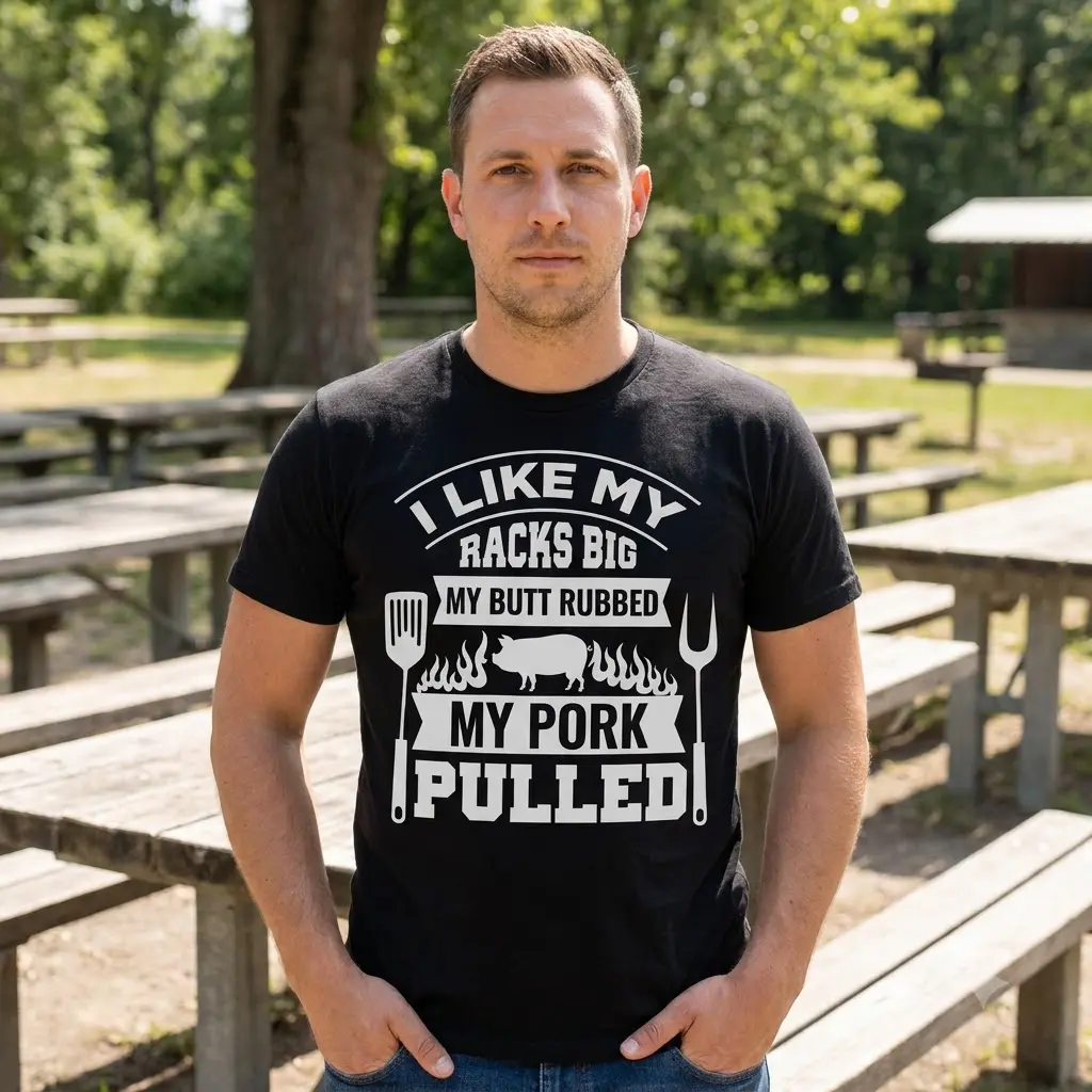 Funny BBQ Smoker 'I Like My Racks Big' T-Shirt 6 Close-up of a grill master, proudly displaying the black t-shirt with the double-entendre "I LIKE MY RACKS BIG MY BUTT RUBBED MY PORK PULLED" design.