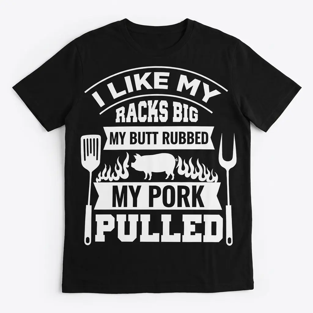 Funny BBQ Smoker 'I Like My Racks Big' T-Shirt 1 Black t-shirt with a humorous white graphic: "I LIKE MY RACKS BIG MY BUTT RUBBED MY PORK PULLED", flanked by a spatula and a carving fork.