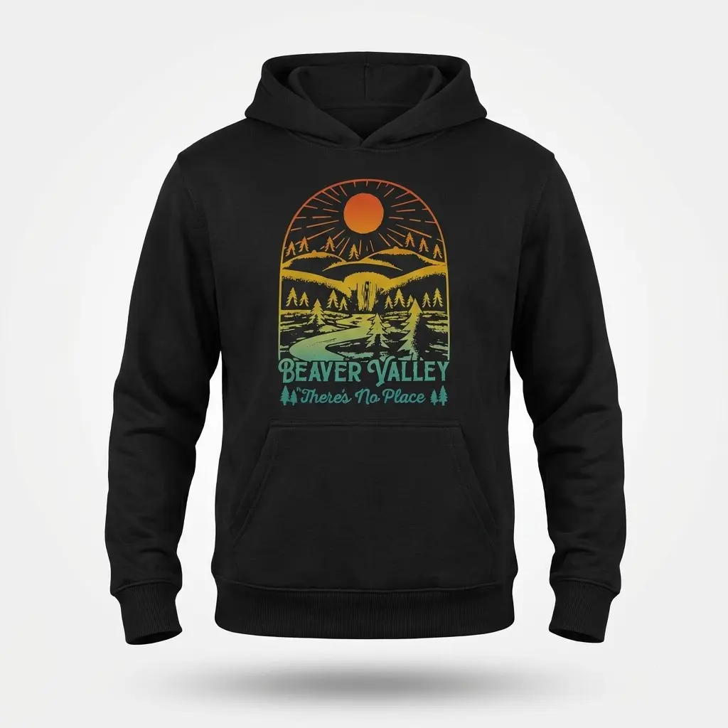 Funny Beaver Valley Retro Graphic T-Shirt 2 Hoodie flat lay featuring the retro Beaver Valley nature graphic and funny quote centered on the front.