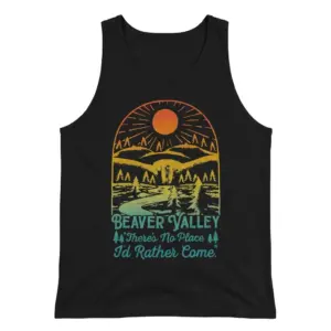 Funny Beaver Valley Retro Graphic T-Shirt 8 Front flat lay of a tank top printed with the Beaver Valley retro sunset and landscape graphic.
