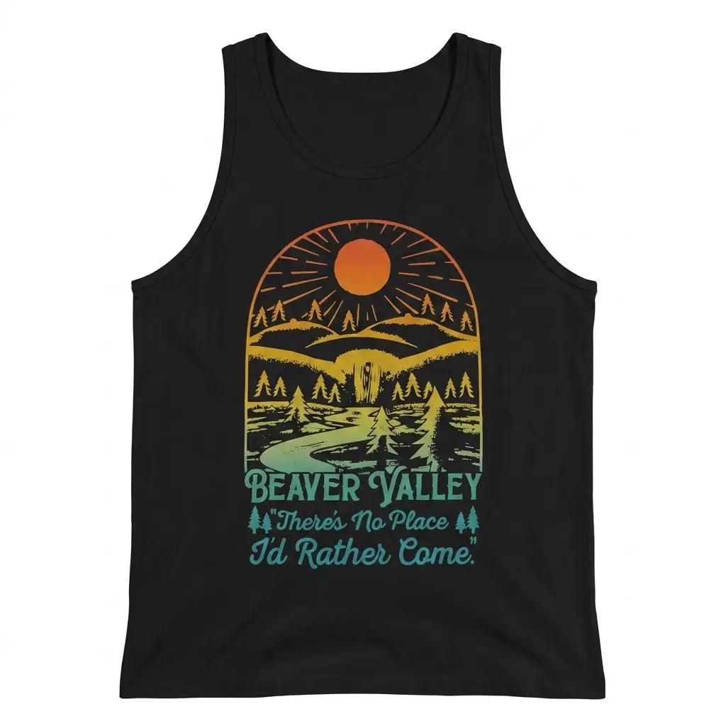 Funny Beaver Valley Retro Graphic T-Shirt 3 Front flat lay of a tank top printed with the Beaver Valley retro sunset and landscape graphic.