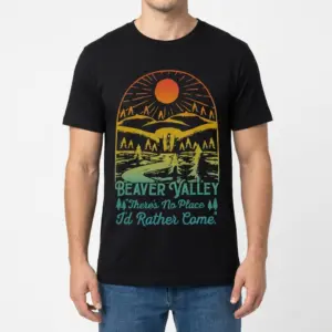 Funny Beaver Valley Retro Graphic T-Shirt 9 Male model wearing the Beaver Valley graphic t-shirt in a front view.