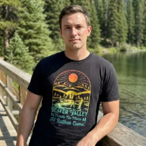 Funny Beaver Valley Retro Graphic T-Shirt 10 Lifestyle view of the Beaver Valley retro graphic t-shirt being worn outdoors.