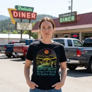 Funny Beaver Valley Retro Graphic T-Shirt 11 Casual lifestyle scene showcasing the humorous Beaver Valley graphic t-shirt.