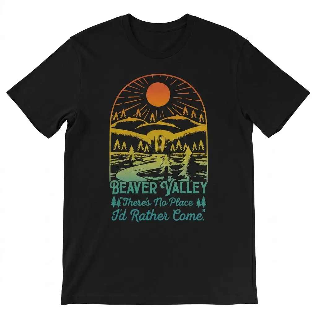 Funny Beaver Valley Retro Graphic T-Shirt 1 Beaver Valley T-Shirt in a flat lay view with retro outdoor graphic and humorous quote across the front.
