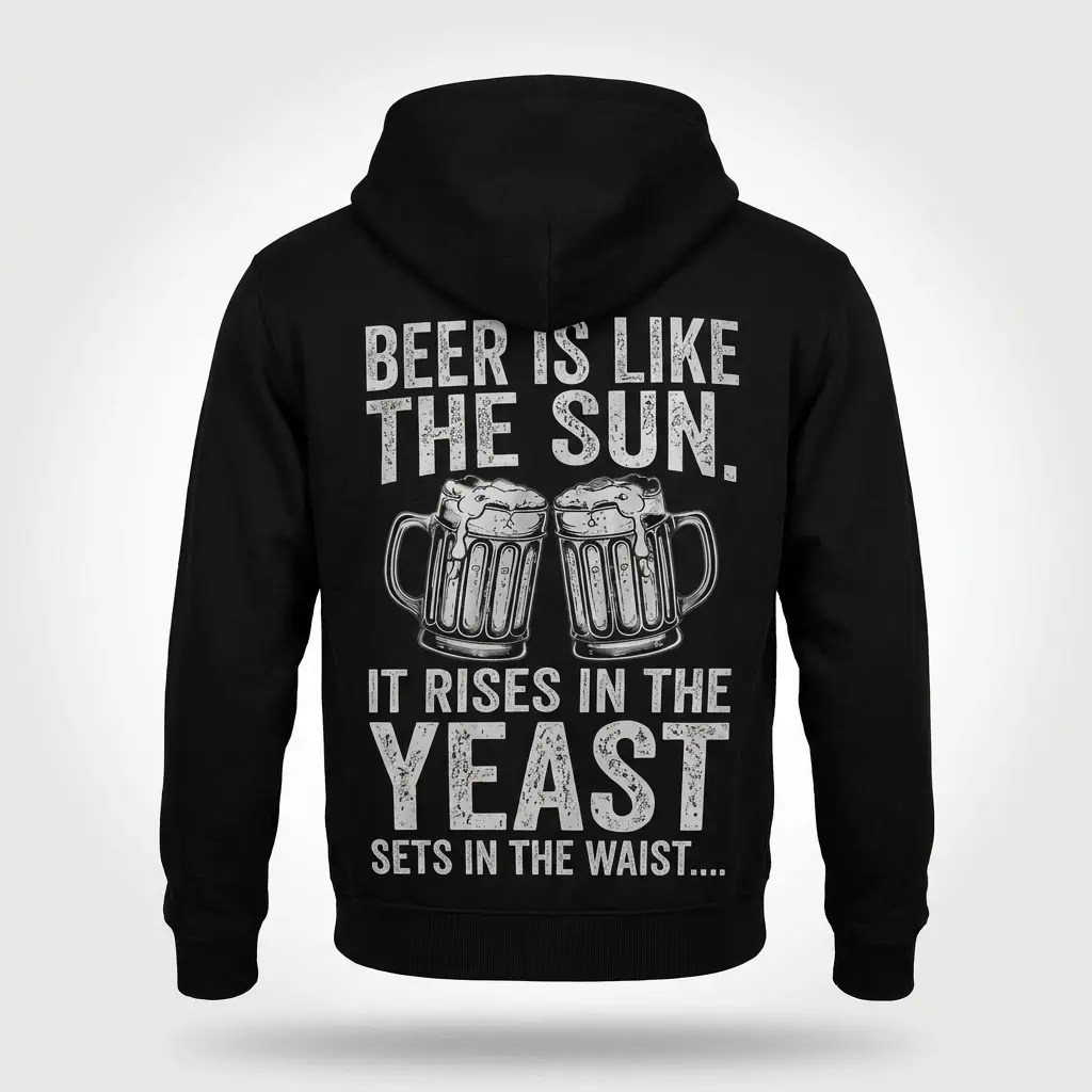 Funny Beer Is Like The Sun Graphic T-Shirt 2 Back of a black hoodie laid flat, showing the beer pun graphic with two clinking mugs and yeast/waist humor text.