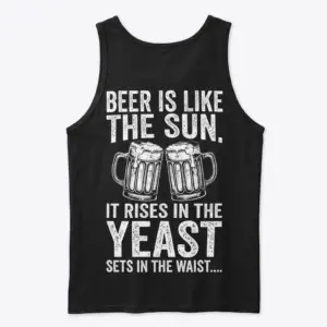 Funny Beer Is Like The Sun Graphic T-Shirt 8 Back of a black tank top laid flat, featuring the funny beer-themed graphic with clinking mugs and joke text.