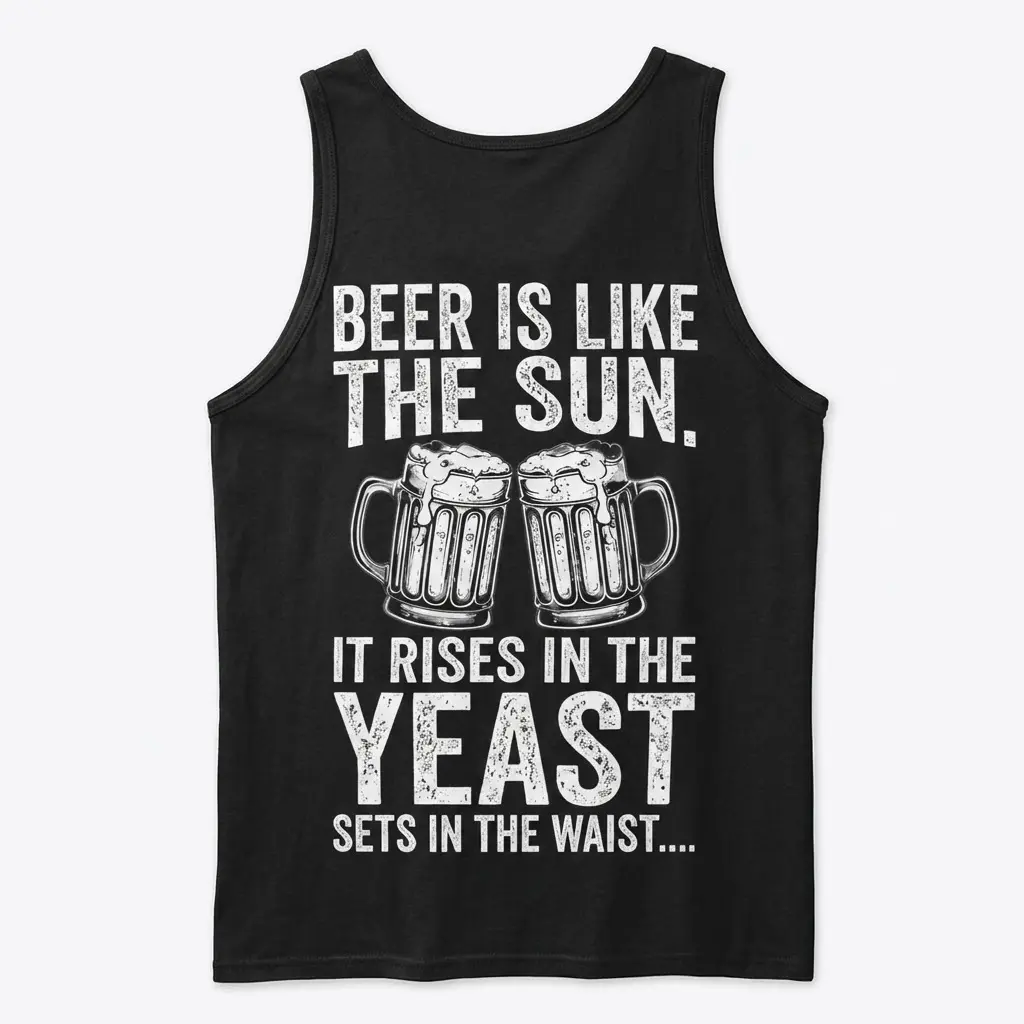 Funny Beer Is Like The Sun Graphic T-Shirt 3 Back of a black tank top laid flat, featuring the funny beer-themed graphic with clinking mugs and joke text.