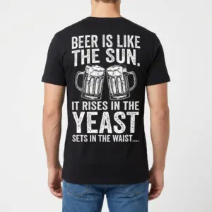 Funny Beer Is Like The Sun Graphic T-Shirt 9 Rear view of a man wearing a black t-shirt with the funny beer pun graphic printed on the back.