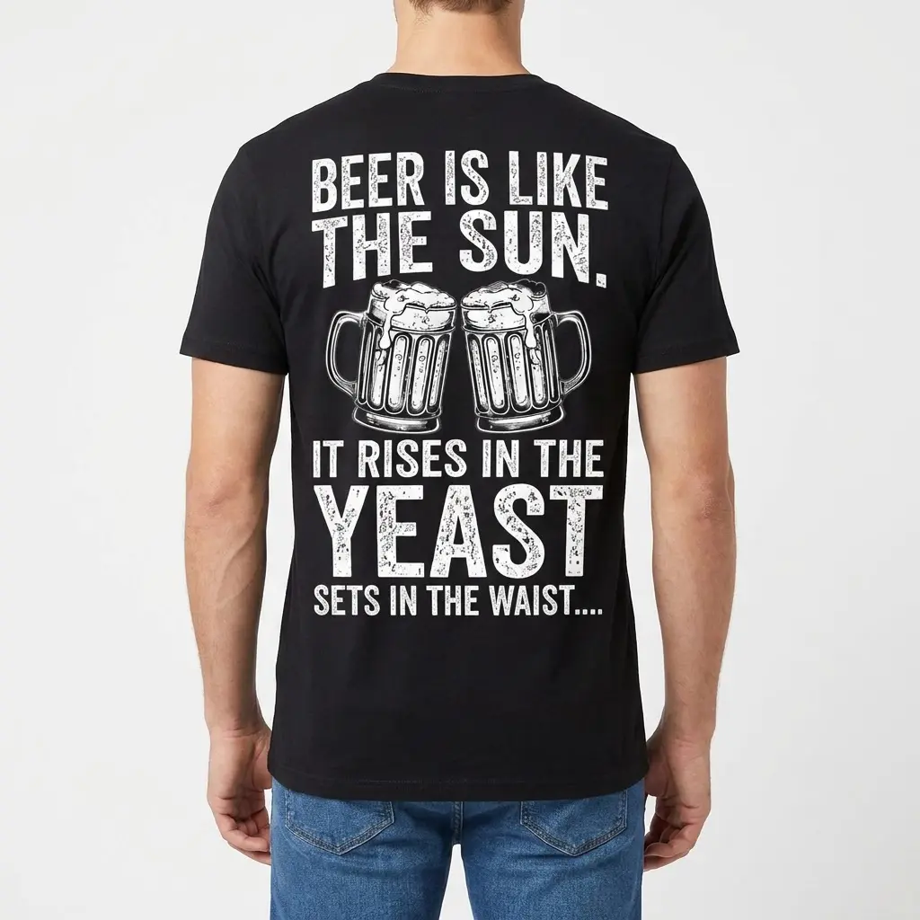 Funny Beer Is Like The Sun Graphic T-Shirt 4 Rear view of a man wearing a black t-shirt with the funny beer pun graphic printed on the back.