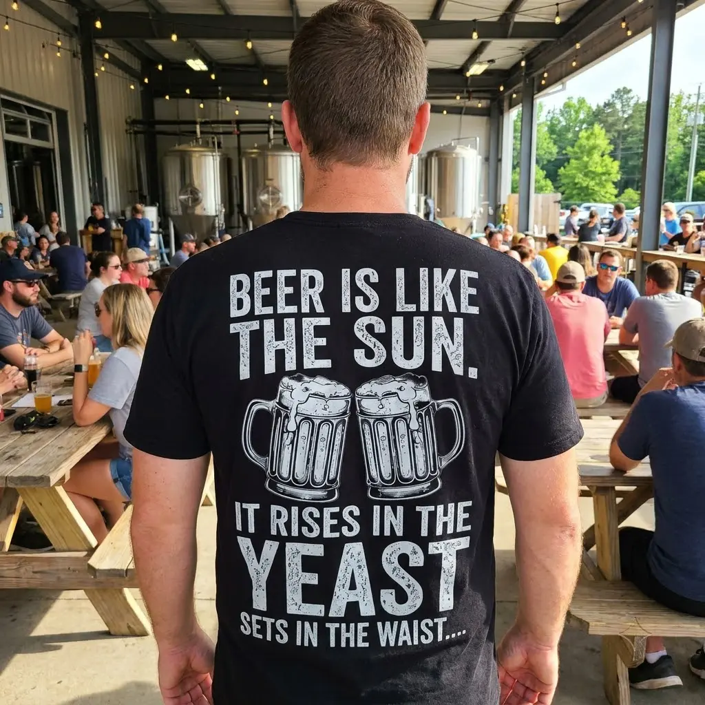 Funny Beer Is Like The Sun Graphic T-Shirt 5 A man wearing the black beer lover t-shirt with the funny sun and yeast graphic printed on the back.