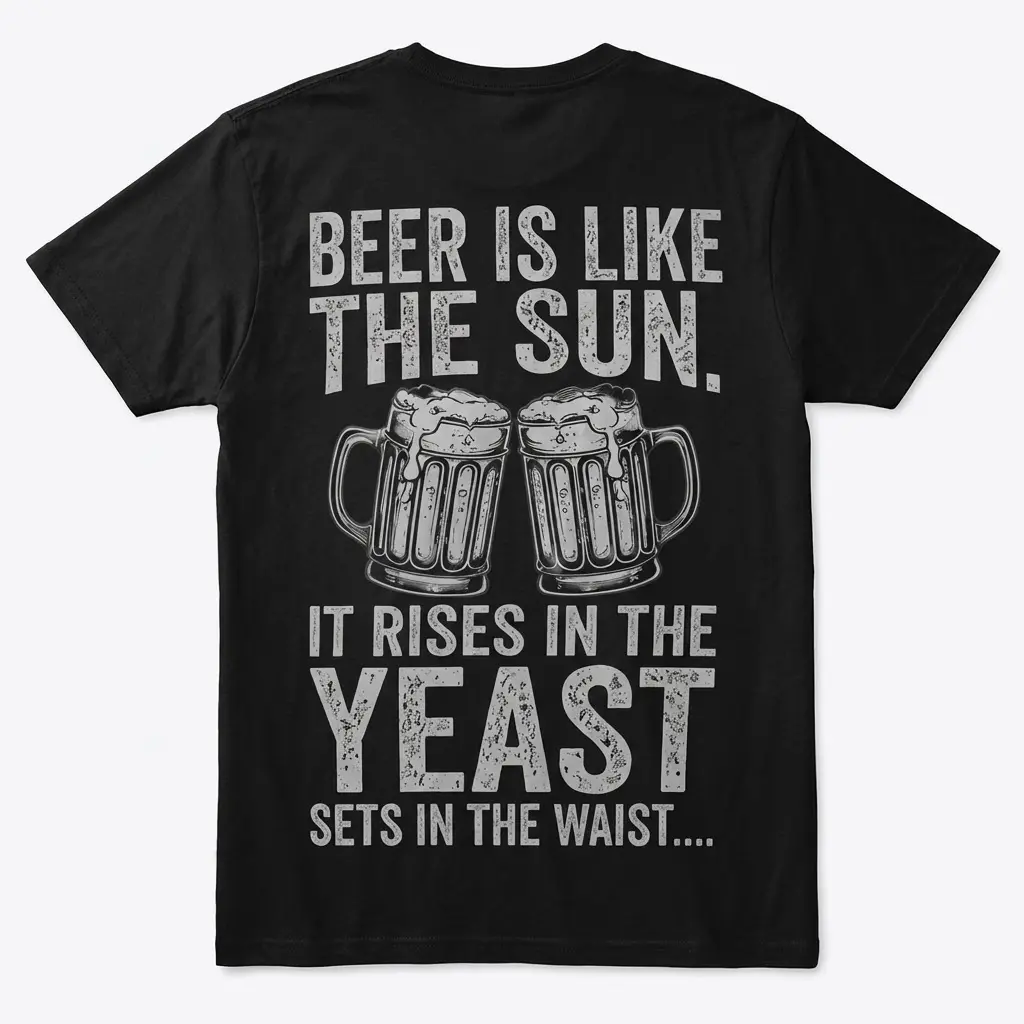 Funny Beer Is Like The Sun Graphic T-Shirt 1 Back of a flat-laid black t-shirt featuring a funny beer lover graphic with clinking mugs and the text, Beer Is Like The Sun.