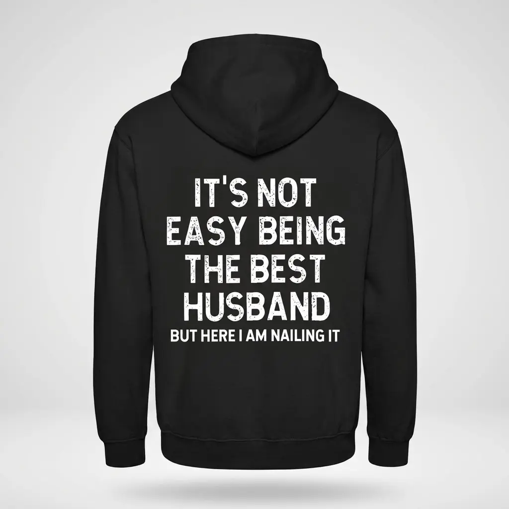 Back flat lay of a hoodie featuring the quote It's Not Easy Being The Best Husband But Here I Am Nailing It.