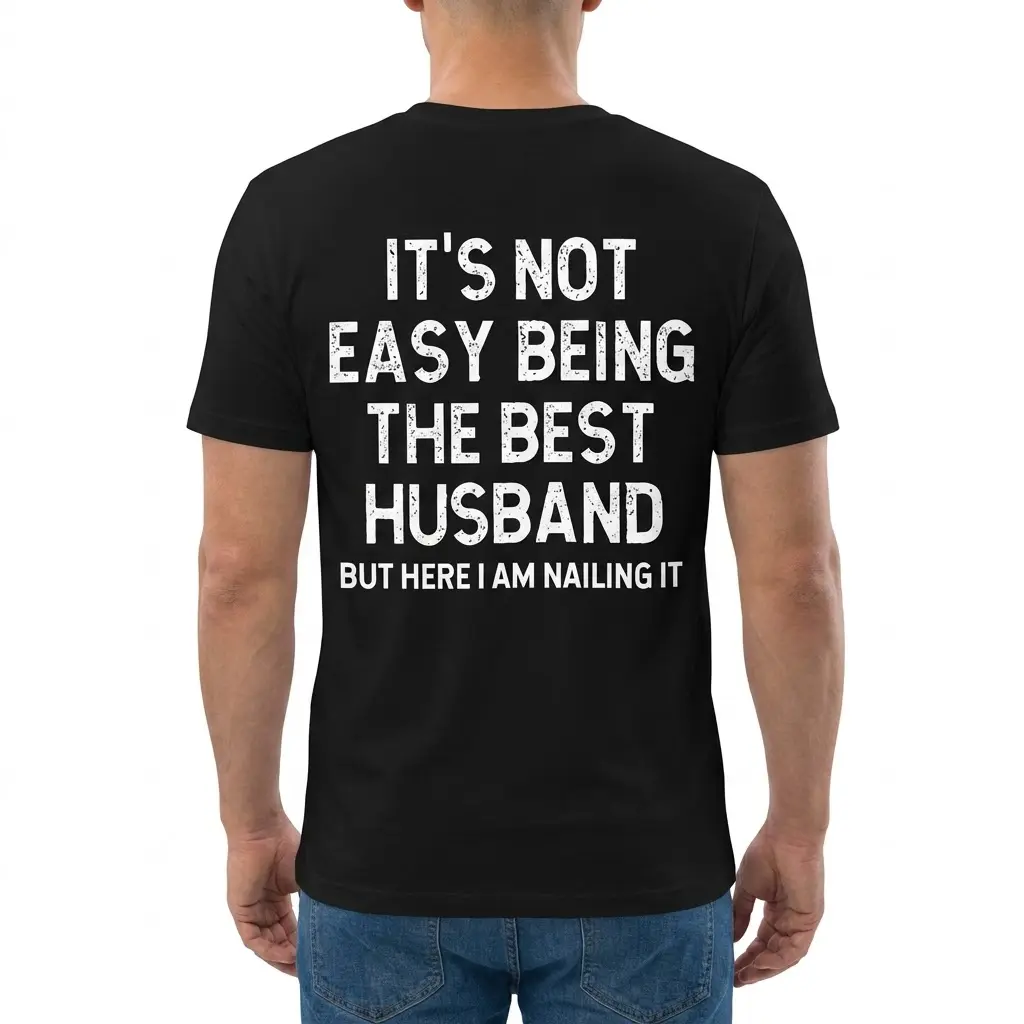 Rear view of a man wearing a funny best husband shirt with bold white text across the back.