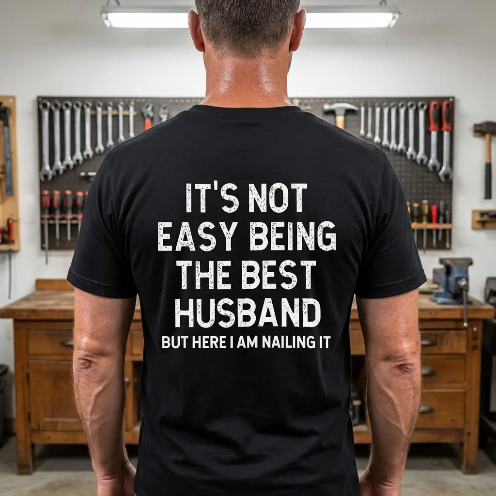 Casual lifestyle display highlighting the humorous husband quote on the back of the shirt.
