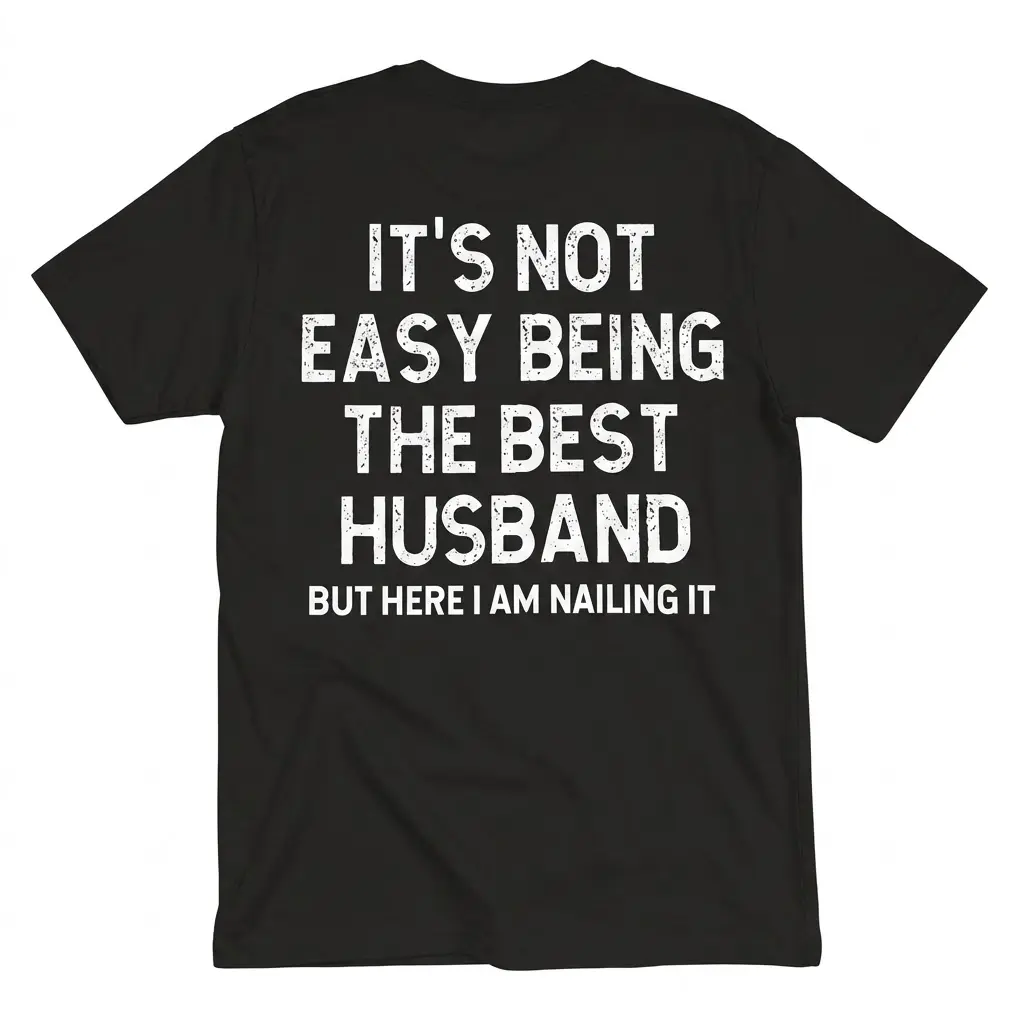 Back flat lay of a black t-shirt reading It's Not Easy Being The Best Husband But Here I Am Nailing It in white text.