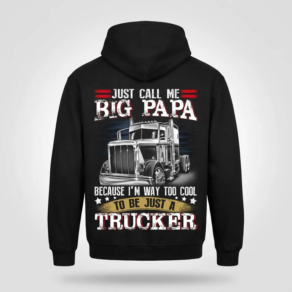 Black hoodie, back flatlay, displaying a proud trucker design with a semi-truck and the humorous "Big Papa" text.