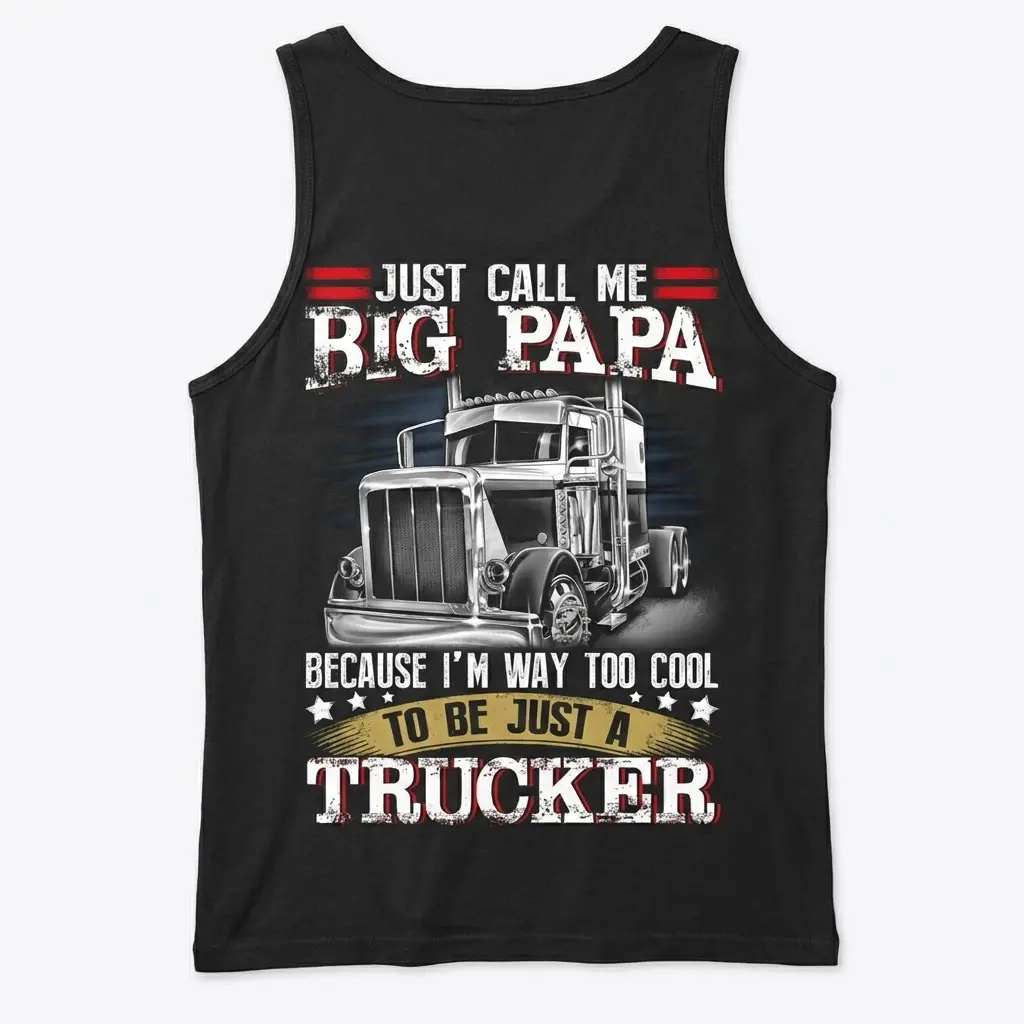 Black tank top, back flatlay, featuring the "Big Papa" semi-truck design for truck driver enthusiasts.