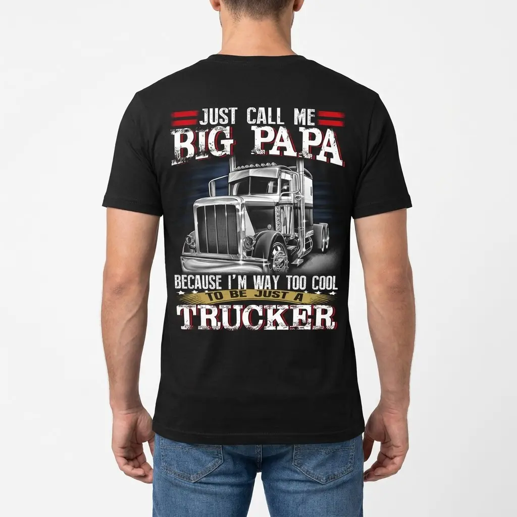Back view of a man wearing a black "Big Papa" trucker T-shirt with a semi-truck graphic and humorous slogan.