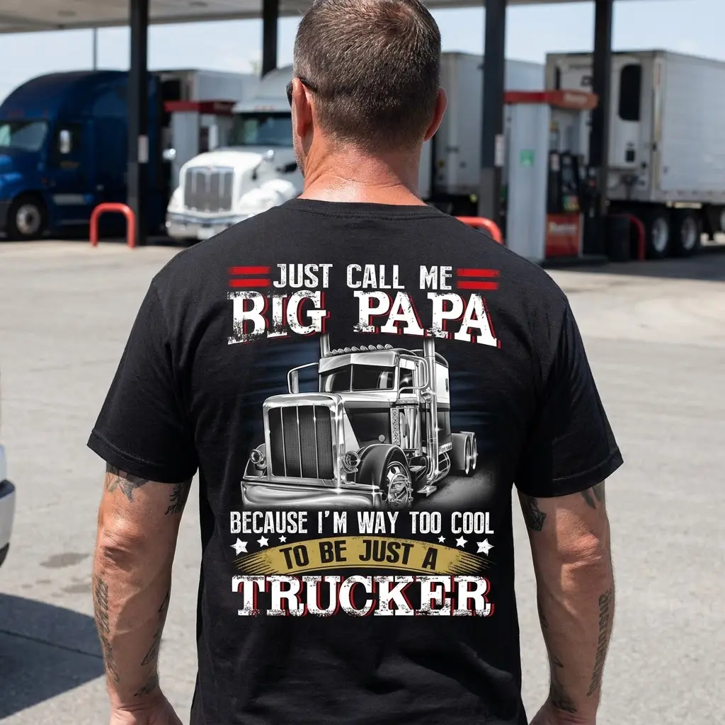 Lifestyle shot of the "Big Papa" semi-truck T-shirt design, celebrating proud truckers with its unique slogan.
