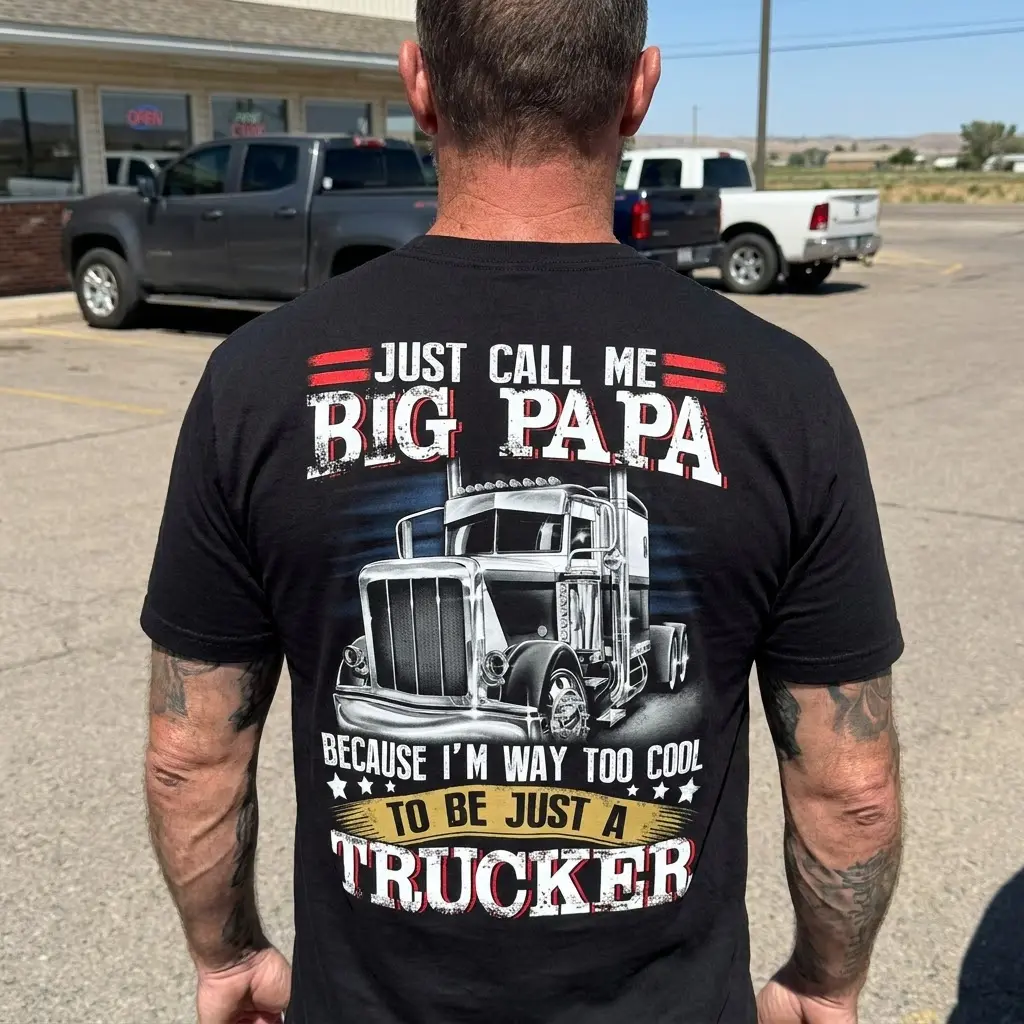 Humorous Big Papa Trucker T-shirt design, featuring a semi-truck and text, captured in a lifestyle setting.