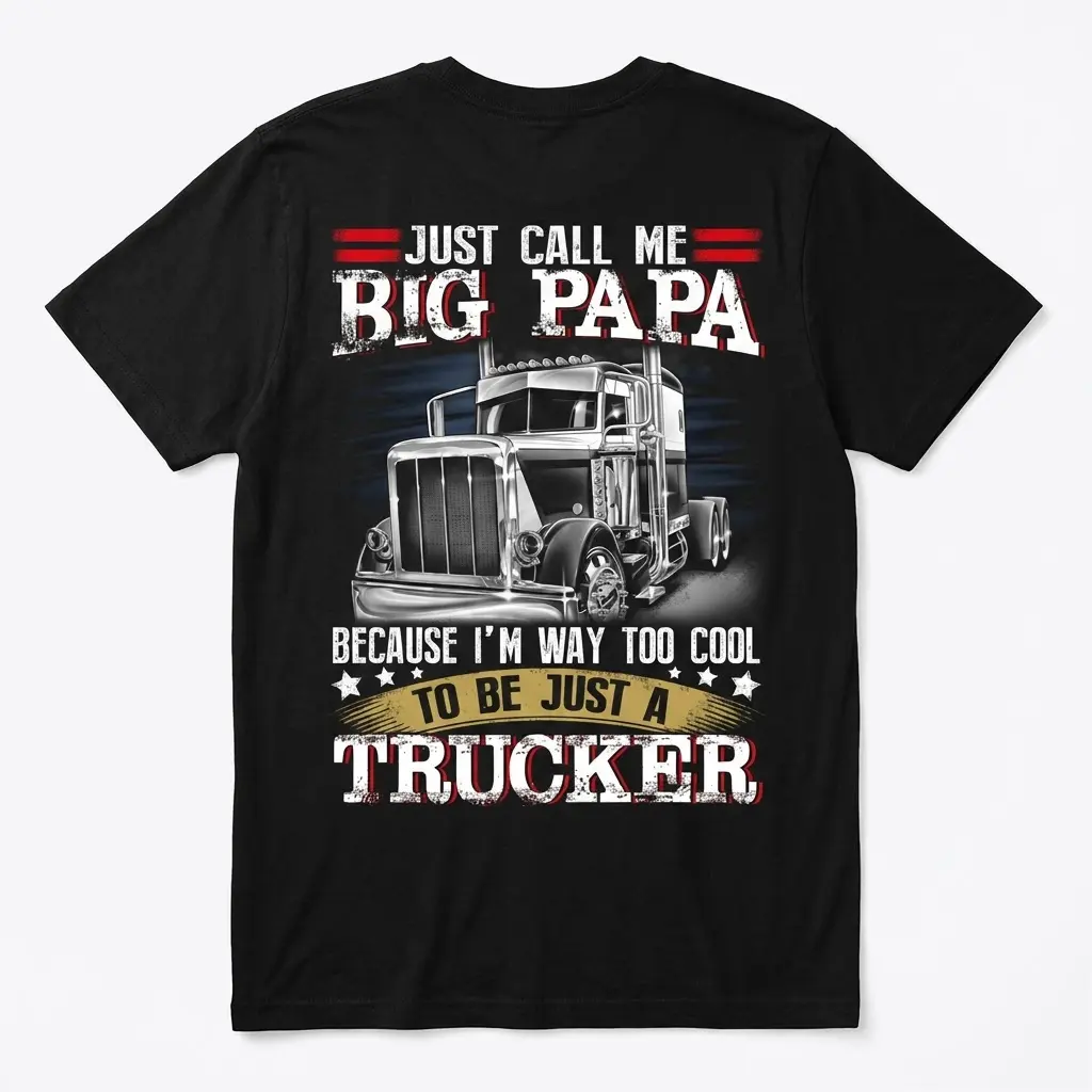 Black T-shirt, back flatlay, features a semi-truck and the text "JUST CALL ME BIG PAPA BECAUSE I'M WAY TOO COOL TO BE JUST A TRUCKER".