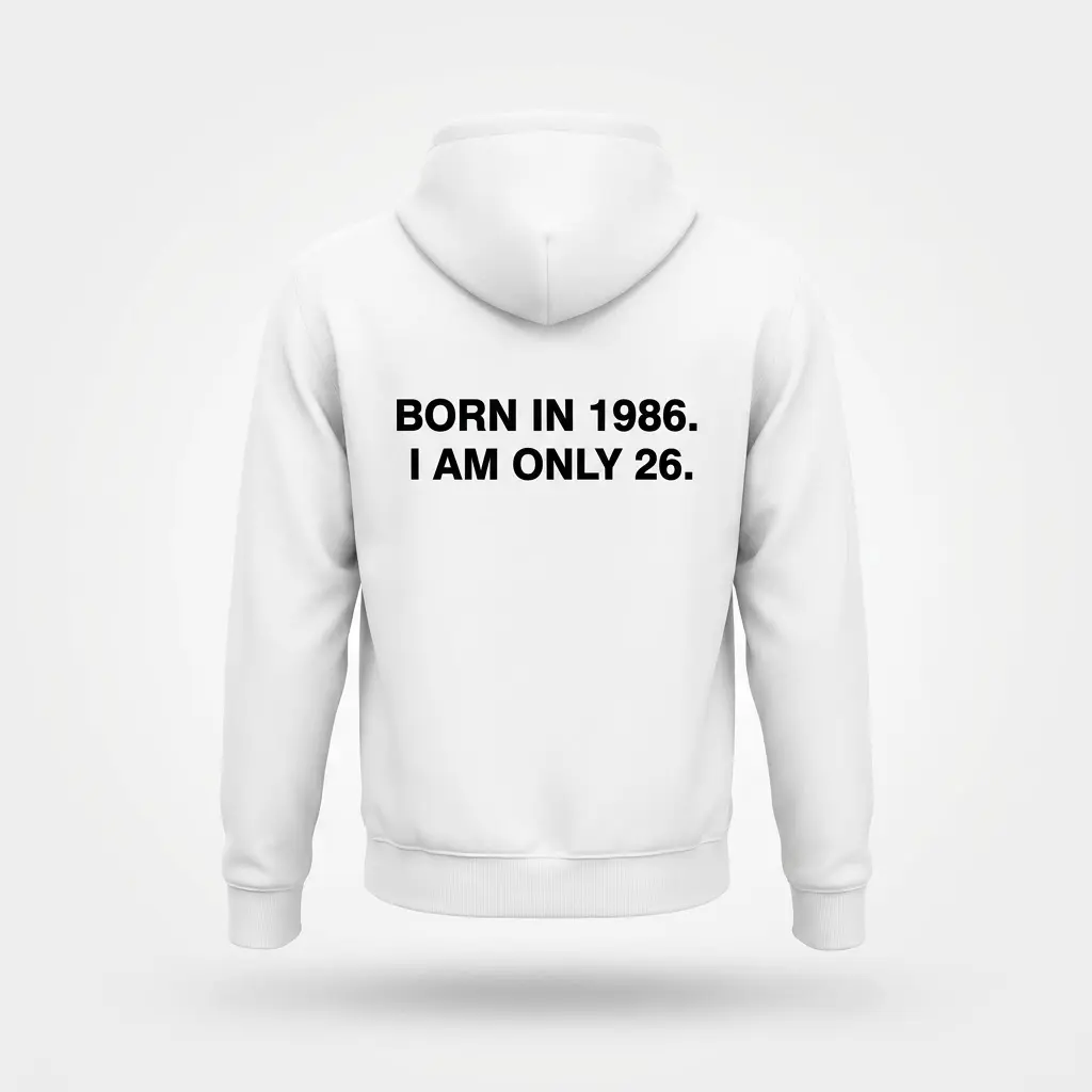 Funny Born in 1986 I Am Only 26 Birthday T-Shirt 2 Back flat lay of a hoodie featuring the text BORN IN 1986. I AM ONLY 26. across the upper back.