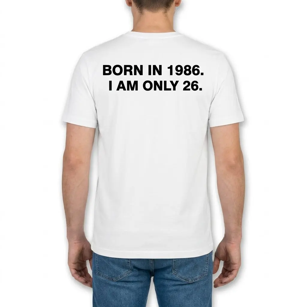 Funny Born in 1986 I Am Only 26 Birthday T-Shirt 4 Back view of a man wearing the white t-shirt printed with BORN IN 1986. I AM ONLY 26.