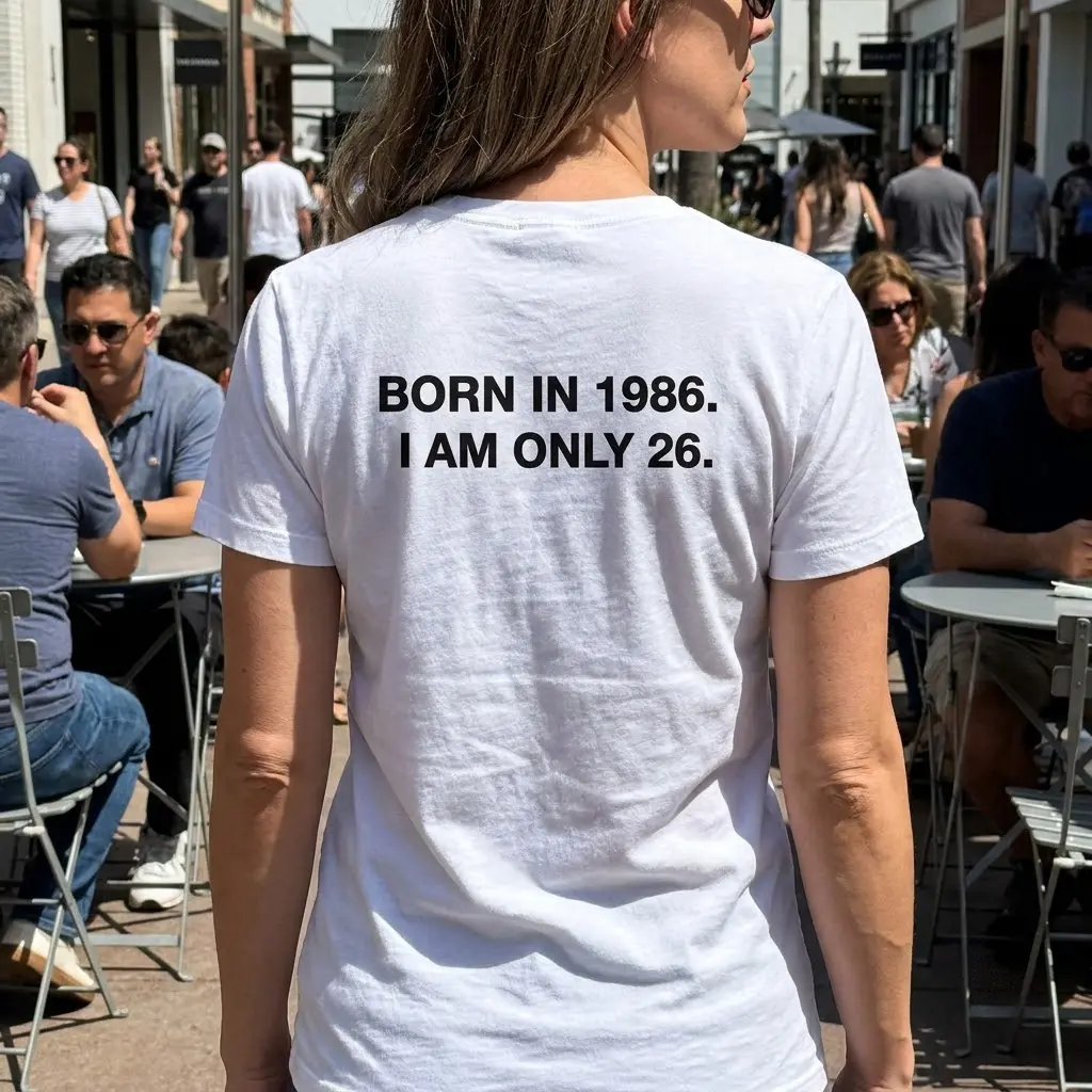 Funny Born in 1986 I Am Only 26 Birthday T-Shirt 5 Lifestyle display showcasing the back design of the humorous Born in 1986 I Am Only 26 shirt.