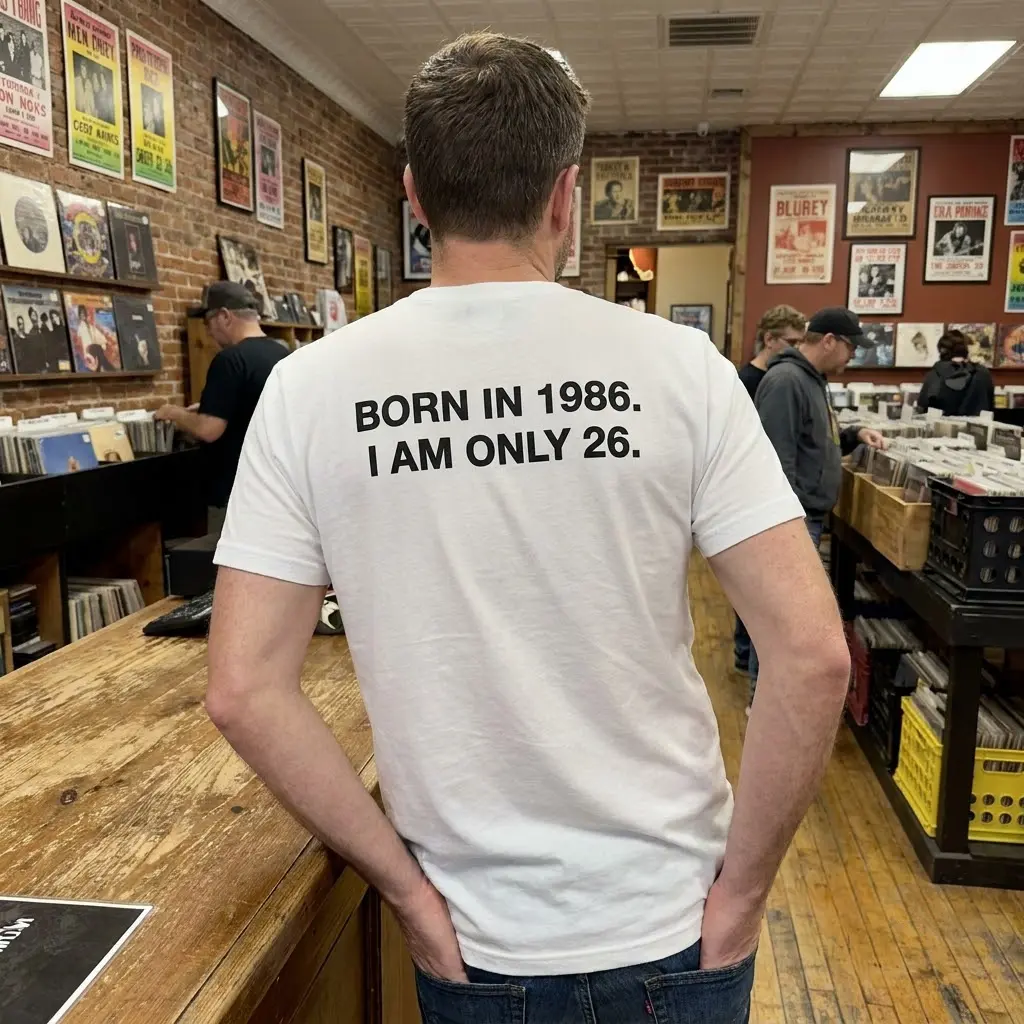 Funny Born in 1986 I Am Only 26 Birthday T-Shirt 6 Close-up lifestyle view featuring the printed BORN IN 1986. I AM ONLY 26. quote on the shirt.