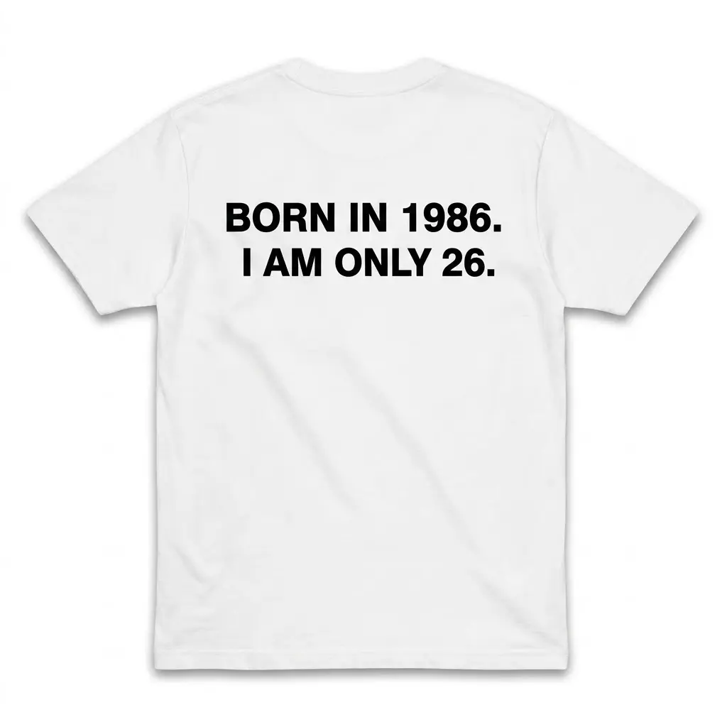 Funny Born in 1986 I Am Only 26 Birthday T-Shirt 1 Flat lay of the back of a white t-shirt printed with BORN IN 1986. I AM ONLY 26. in bold black text.