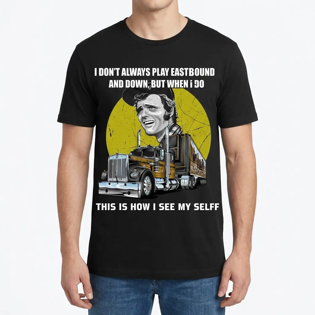 Funny Burt Reynolds Trucker Quote Graphic Tee 4 A man wearing the black graphic t-shirt featuring a vintage-style trucking design and humorous quote, viewed from the front.
