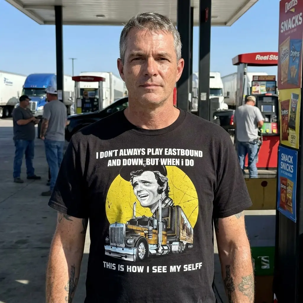 Funny Burt Reynolds Trucker Quote Graphic Tee 5 Black t-shirt with the funny retro trucking parody graphic, appealing to truck drivers and road-trip fans who enjoy classic highway humor.