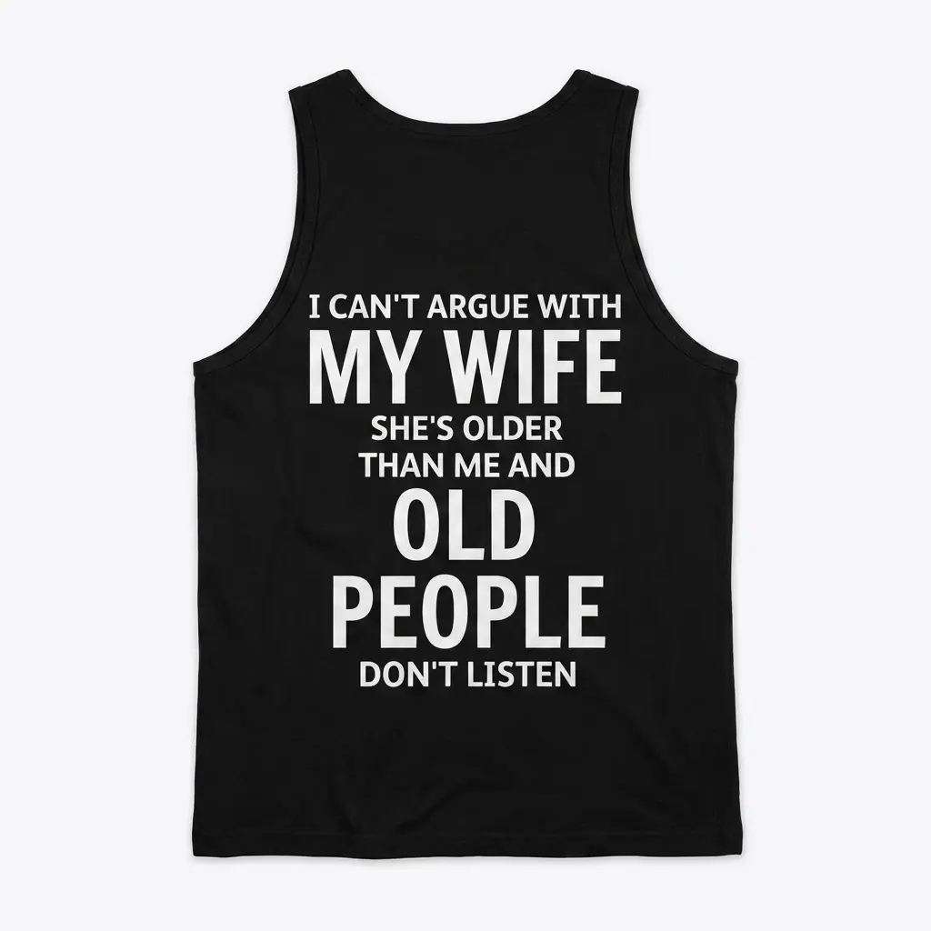 Funny Can't Argue With My Wife Husband Shirt 3 Back of a black tank top shown flat, featuring white text with a sarcastic marriage joke about an older wife not listening.