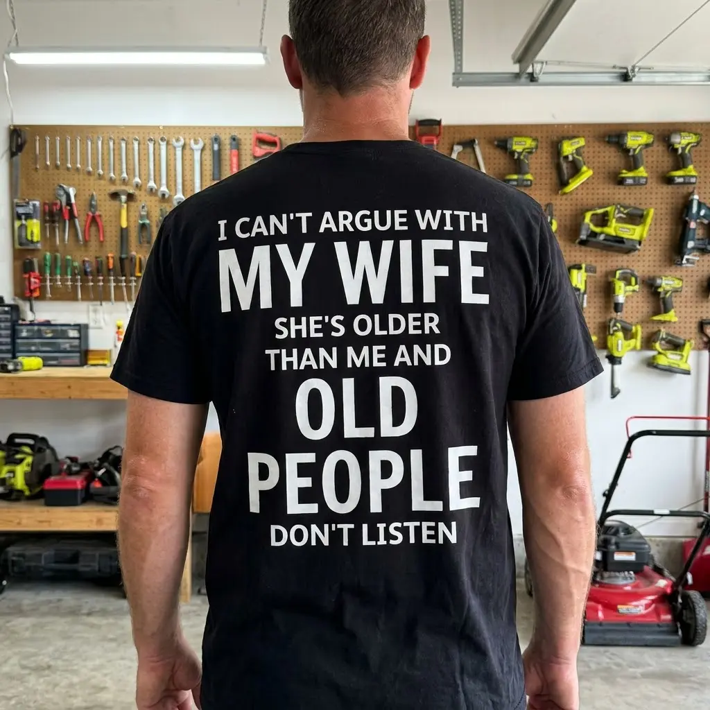 Funny Can't Argue With My Wife Husband Shirt 6 Close-up of the back of a black graphic tee with a sarcastic marriage joke printed in bold white text, worn in a casual lifestyle setting.
