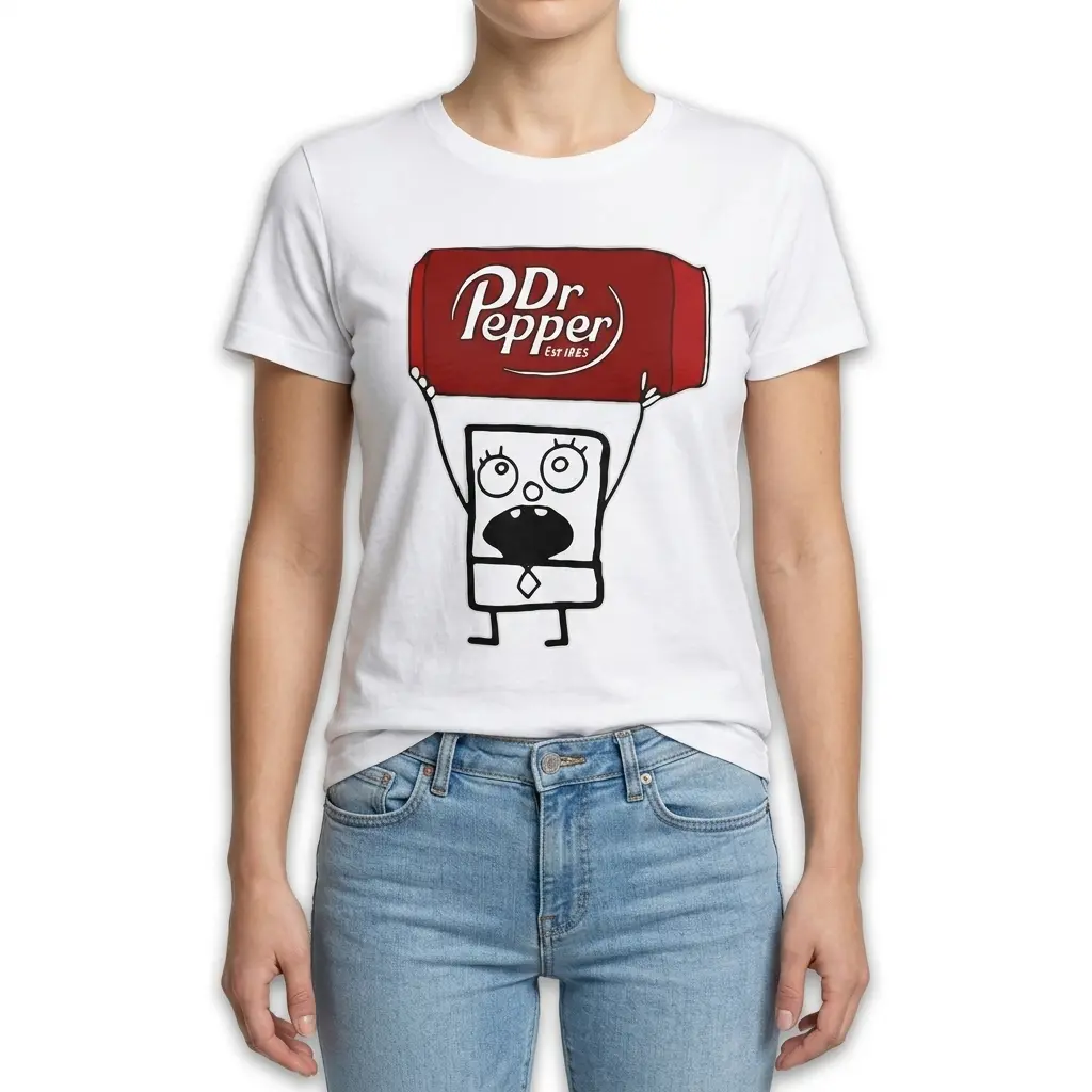 White T-shirt with humorous cartoon soda design laid flat.