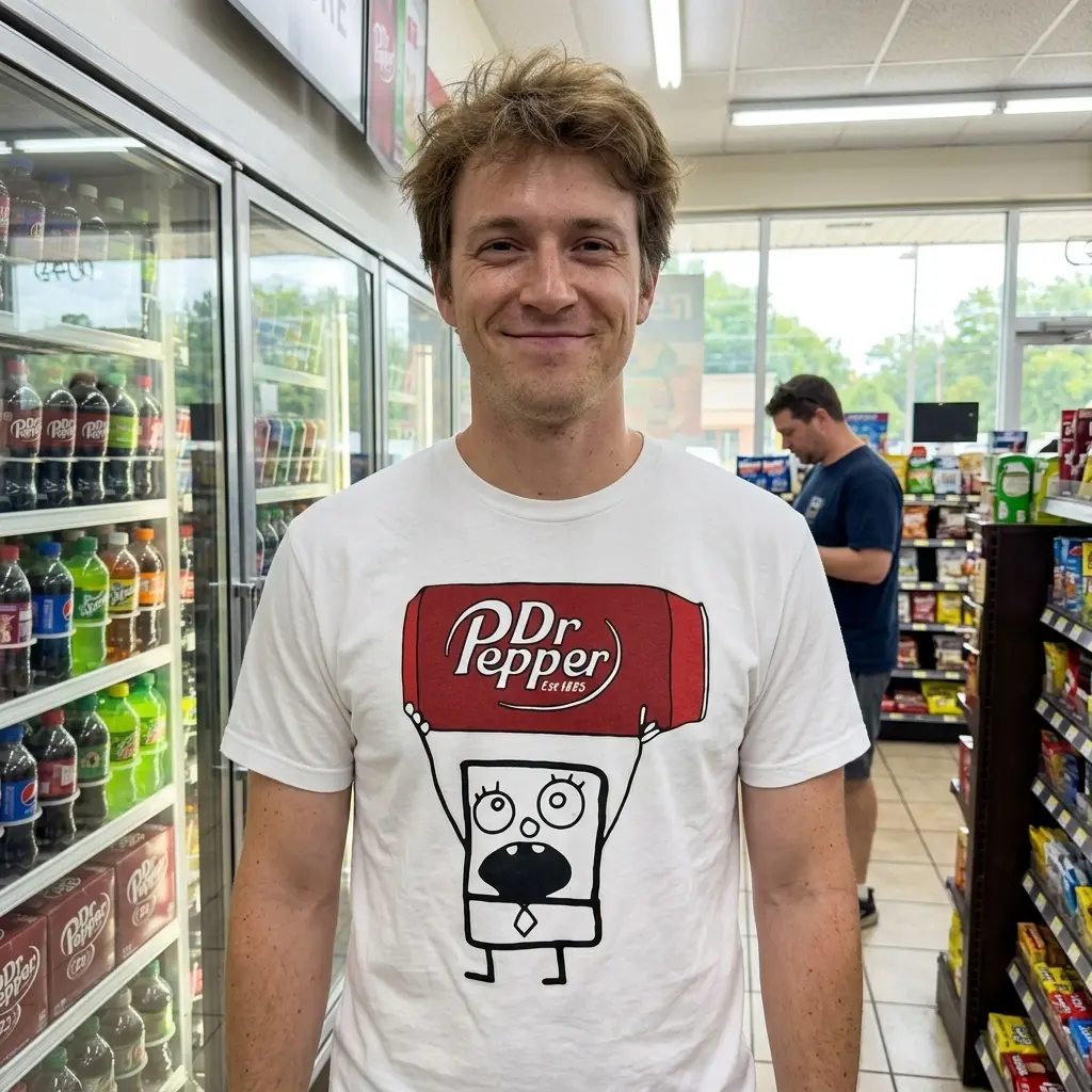 Person wearing a funny cartoon soda meme T-shirt.