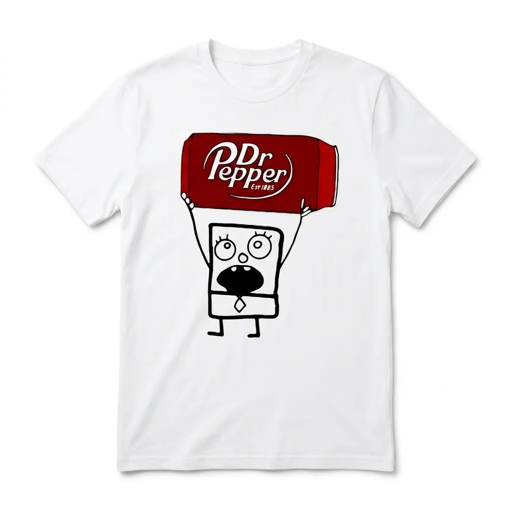 White T-shirt with cartoon character holding a large red soda can.