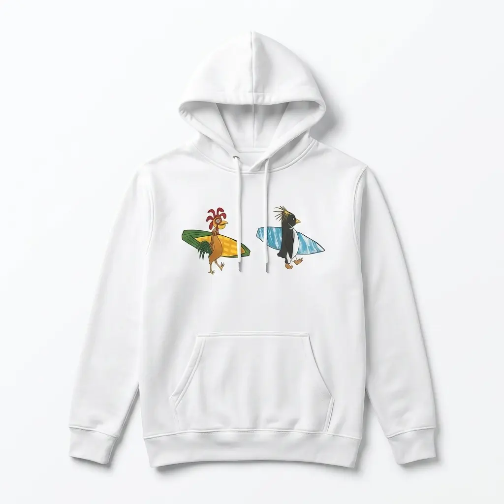 Funny Chicken and Penguin Surfing T-Shirt 2 funny chicken and penguin surfing t shirt 1.jpg