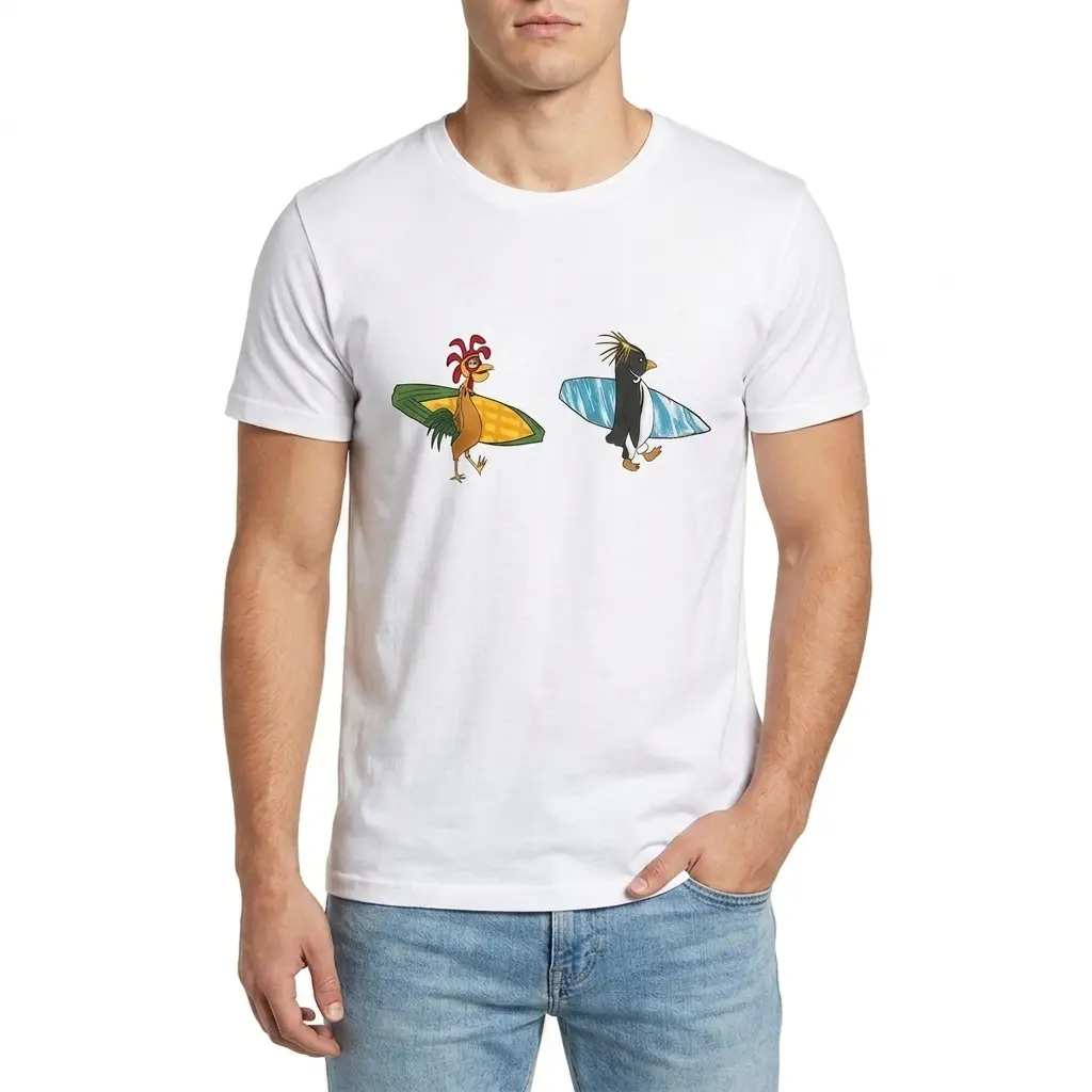 Funny Chicken and Penguin Surfing T-Shirt 3 funny chicken and penguin surfing t shirt 2.jpg