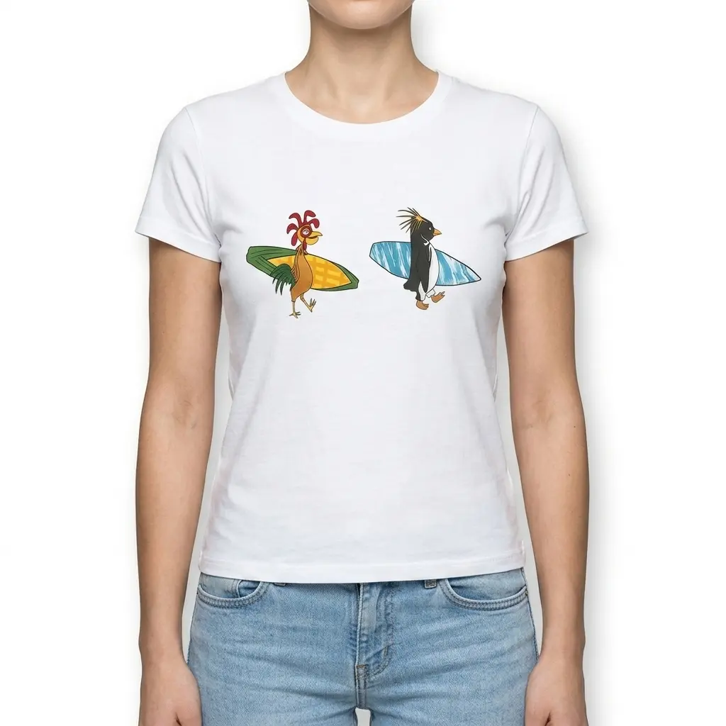 Funny Chicken and Penguin Surfing T-Shirt 4 funny chicken and penguin surfing t shirt 3.jpg