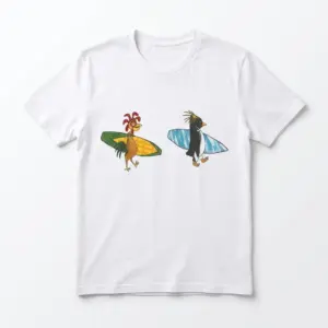 White surfing animal shirt flat lay showing a cartoon rooster and a penguin carrying surfboards