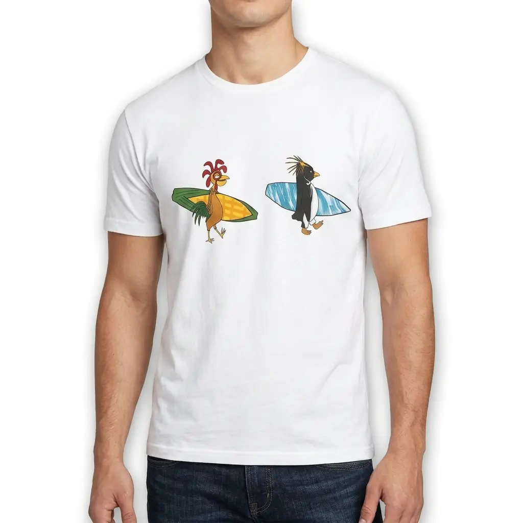 Funny Chicken and Penguin Surfing T-Shirt 5 funny chicken and penguin surfing t shirt 4.jpg