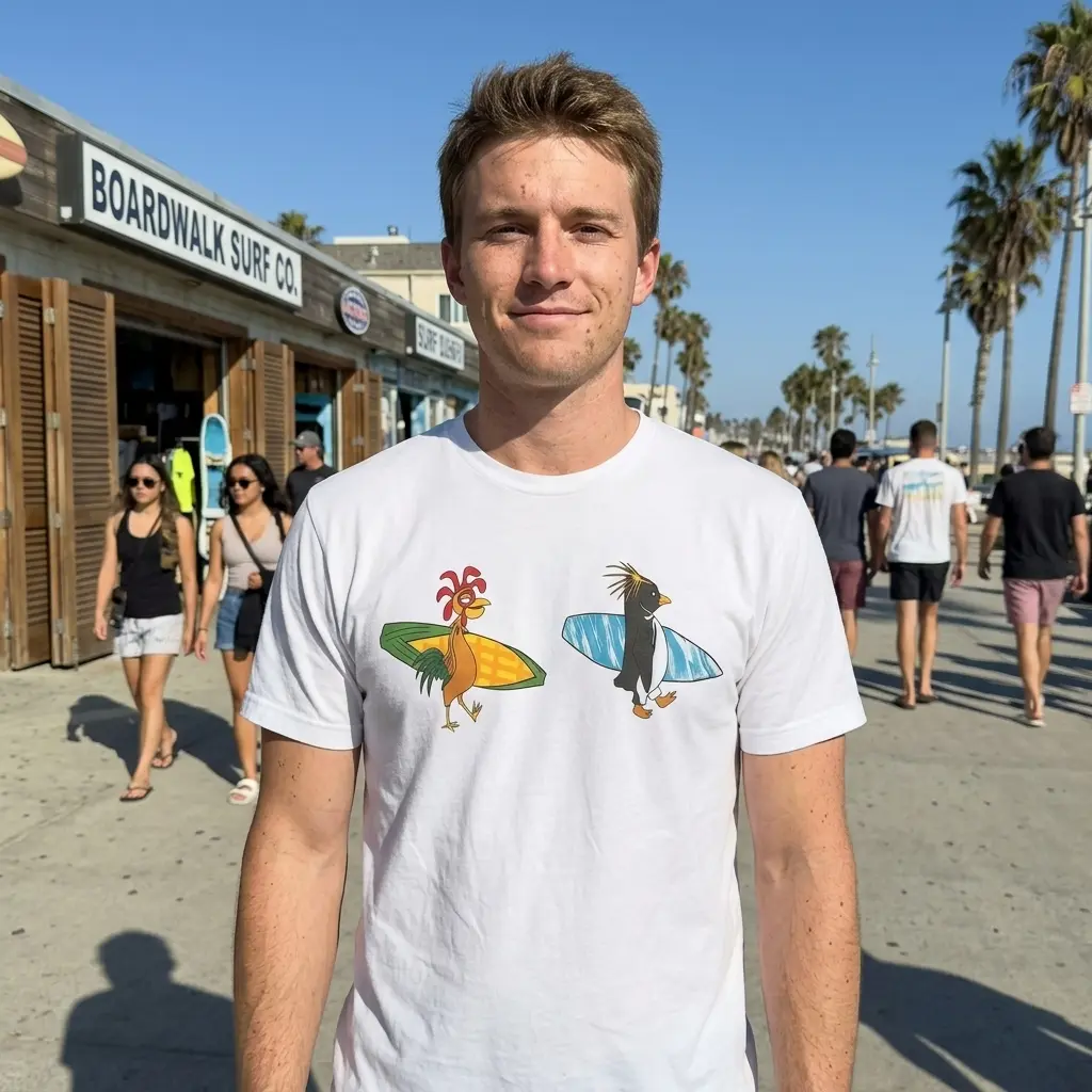 Funny Chicken and Penguin Surfing T-Shirt 6 funny chicken and penguin surfing t shirt 5.jpg