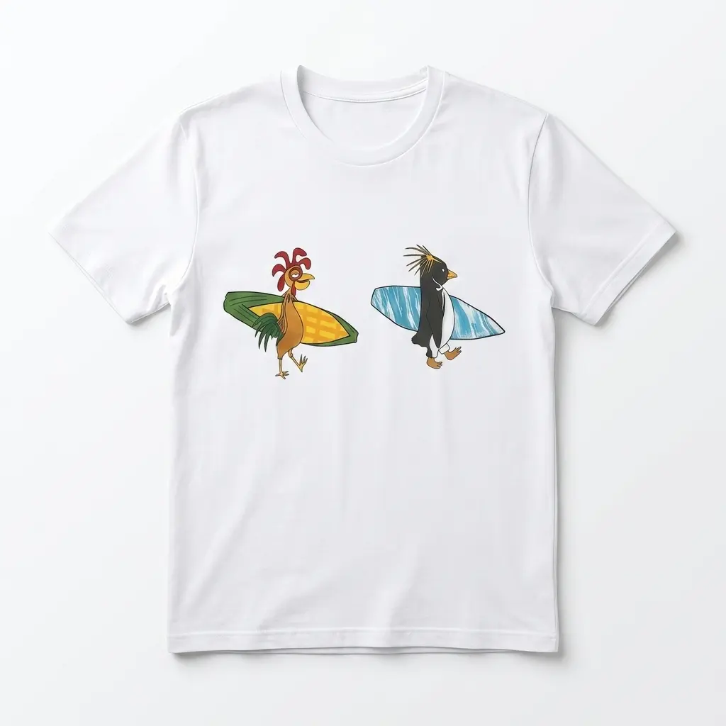 Funny Chicken and Penguin Surfing T-Shirt 1 funny chicken and penguin surfing t shirt.jpg