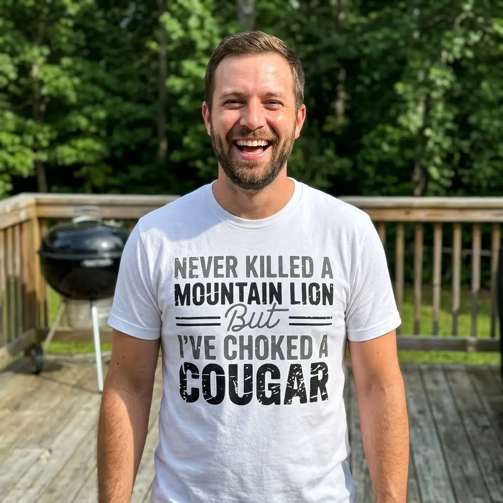 Funny Choked a Cougar Graphic T-Shirt 6 Person wearing T-shirt featuring a humorous cougar-related statement.