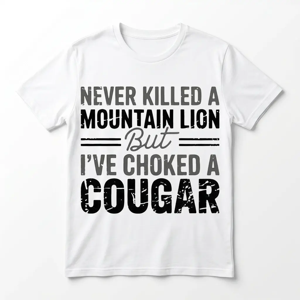 Funny Choked a Cougar Graphic T-Shirt 1 White T-shirt with 'Never killed a mountain lion but I’ve choked a cougar' text.