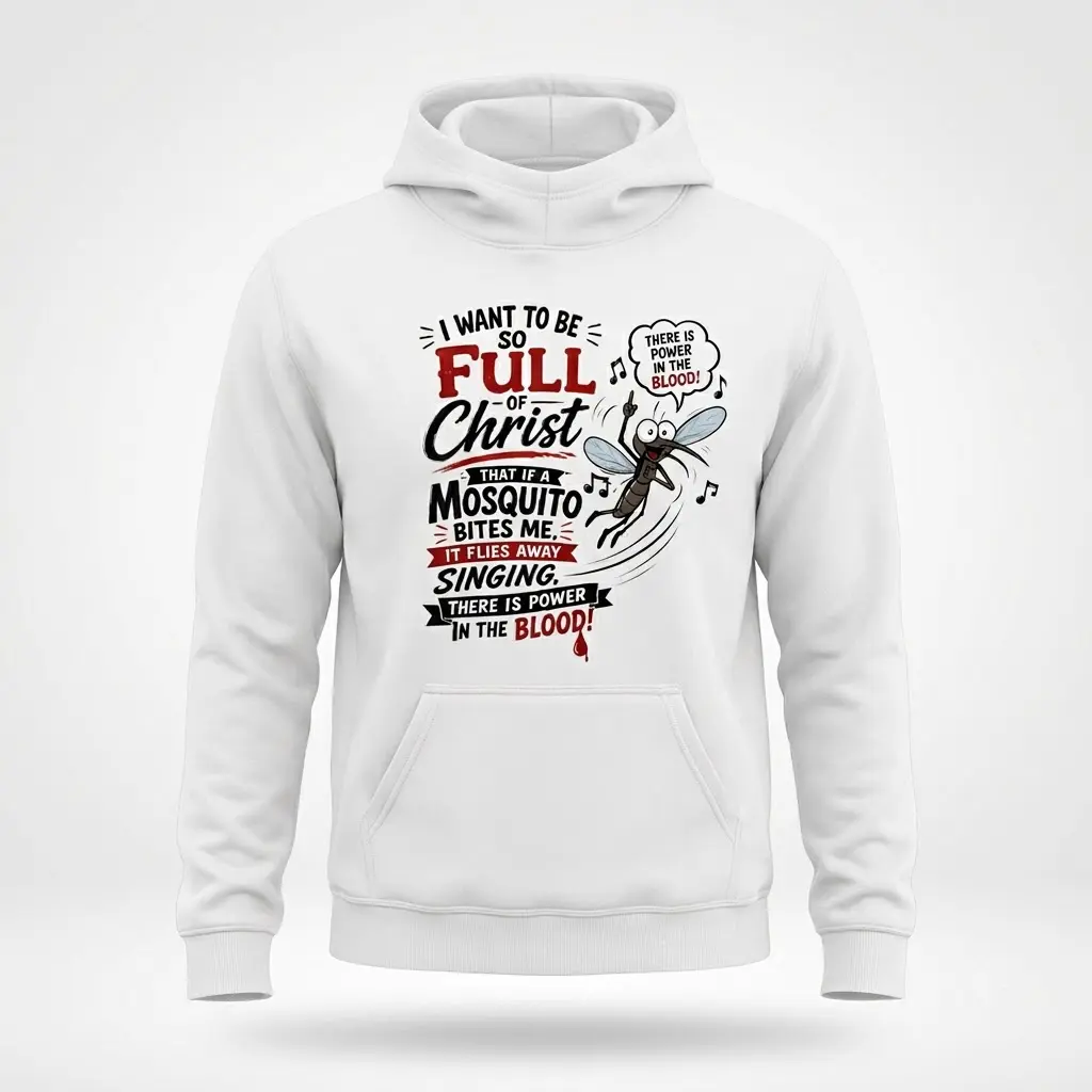 White hoodie featuring the funny Christian mosquito graphic. A cartoon mosquito joyfully sings 'Power in the Blood!' after biting, with spiritual text.